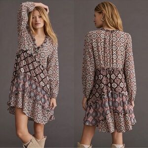 Anthropologie Tiered V Neck Mini Dress with Asymmetrical Hem size Medium
